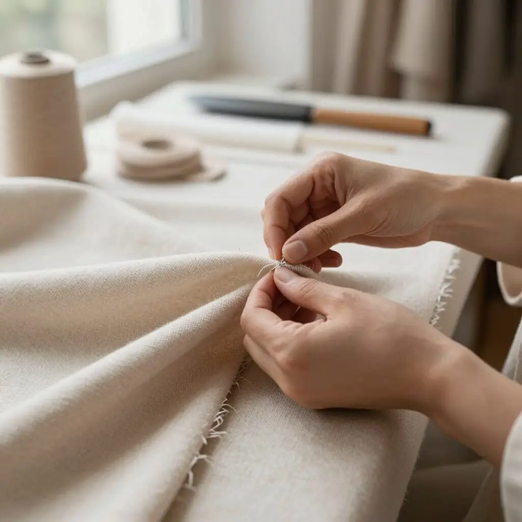 Mains d’artisane en train de coudre un tissu de cachemire dans un atelier