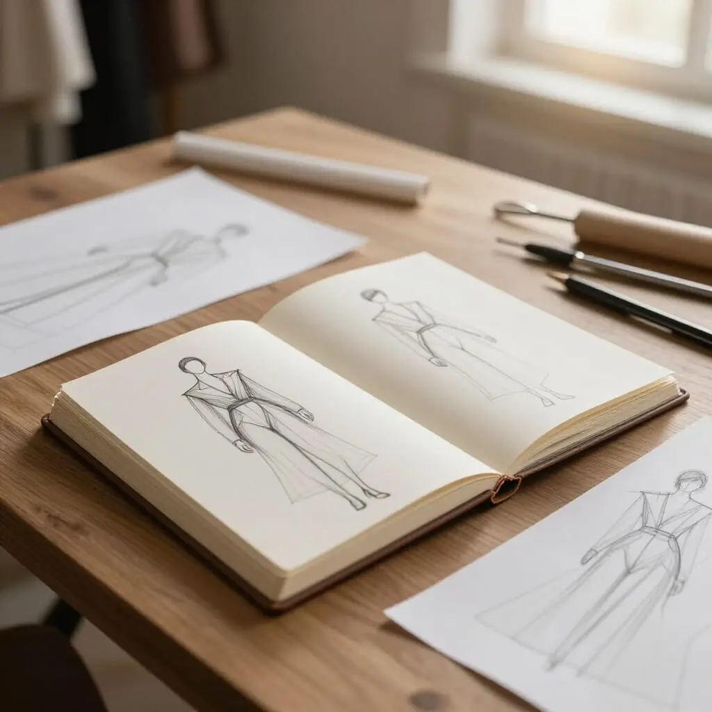 Croquis de création de vêtements sur mesure dans un atelier