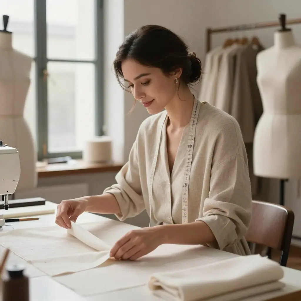 Portrait d’une artisane créatrice dans un atelier de couture élégant et lumineux